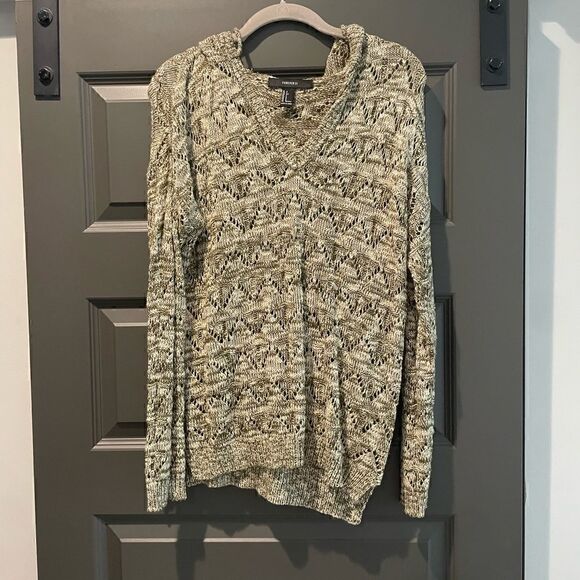 Forever 21 Green and Tan Crochet Hooded Sweater - Picture 1 of 4